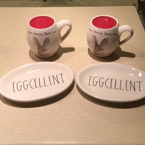 Rae Dunn Easter.  2 coffee mugs and 2 oval plates